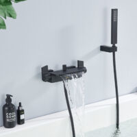 Mitigeur de Baignoire Cascade en Laiton Noir Mat - Robinet Mural Économiseur d'Eau avec Grand Sortie d'Eau, Douchette à Main et Flexible