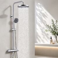 Colonne de Douche Thermostatique, Ensemble de Douche Hauteur Réglable sans Percement Supplémentaire Chromé avec Douchette 3 Jets, Mitigeur en Laiton