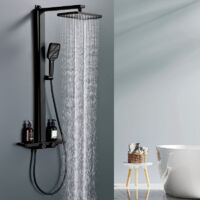 Colonne de Douche Thermostatique 38°C Noir, Kit de Douche 3 Fonctions avec Sortie en Cascade, Double Commande & Étagère de Rangement