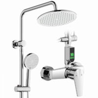 Colonne de Douche Chromé avec Mitigeur Mécanique et Affichage LED, Douche Hauteur Réglable(750–1050 mm) sans Percement Supplémentaire, Douchette 3 Jets, en Laiton
