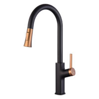 Homelody – Mitigeur de cuisine noir et doré avec douchette extractible – Bec haut 275 mm rotatif 360° – 2 jets au choix – Finition brossée résistante