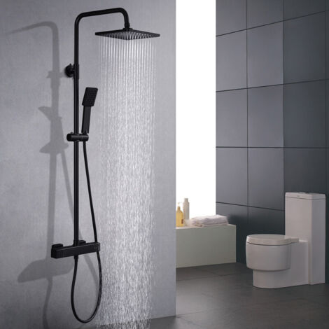 Duschsystem mit Thermostat Schwarz - Duscharmatur Edelstahl Regendusche mit armatur, Duscharmatur Komplettset 2 Shower Head Sicherheitssperre bei 38°C, Duscharmatur Schwarz