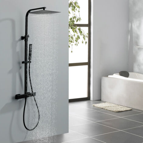 Duscharmatur Komplettset Schwarz Matt - Edelstahl Duschsystem mit Thermostat mit 30 30cm Großer Regendusche Duschkopf - Duschgarnitur mit Regendusche, Höhenverstellbarer Duschset 85.5-110.5cm