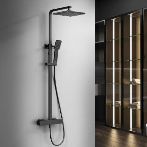 Duschsystem mit Thermostat Schwarz, Duscharmatur Edelstahl Regendusche mit Armatur, Duscharmatur Komplettset mit Regendusche Duschkopf, Verstellbarer Duschstange, Duschset