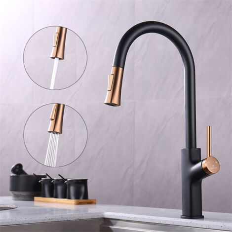 Küchenarmatur mit Herausziehbarer Brause Küchenmischbatterie Drehbarer Auslauf Spültischarmatur 2 Düsen zur Auswahl Küchenarmaturen Modernes Design Schwarz und Gold
