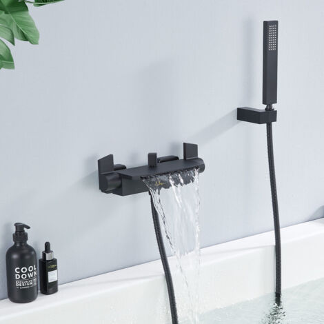 Rubinetto doccia a cascata per bagno con miscelatore, doccetta inclusa, vasca da bagno con mensola, design moderno in ottone e nero, facile installazione