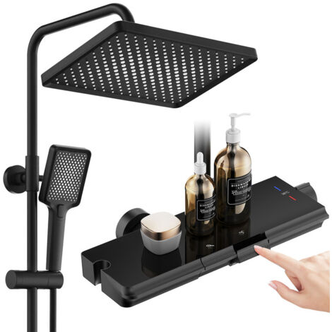 Duschsystem con termostato e ripiano in vetro nero, doccia a pioggia 30x20 cm, doccetta a 3 getti, 2 comandi a pulsante, set completo con miscelatore per bagno