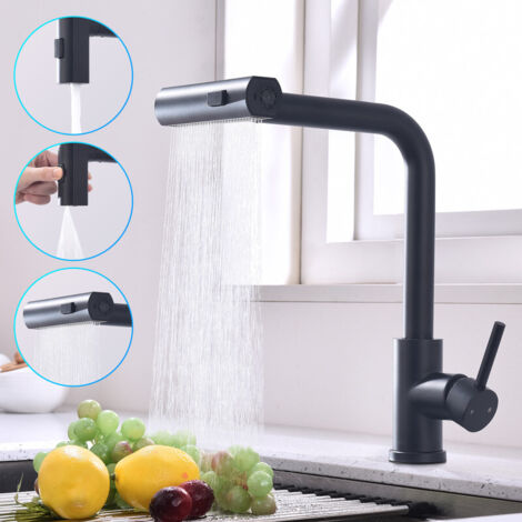 Rubinetto da Cucina con Doccetta Estraibile, Rubinetteria da Cucina 3 Getti a Scelta, Miscelatore da Cucina con Doccetta, Miscelatore Lavello in Acciaio Nero, Beccuccio Girevole 360°