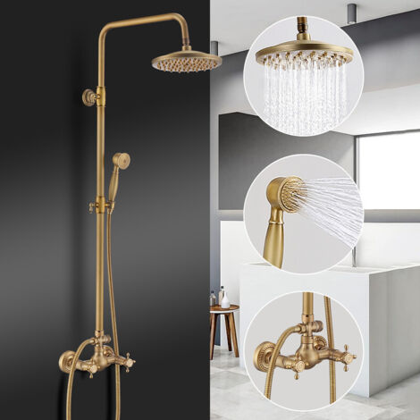 Columna de Ducha Retro con Doble Manija de Latón, Sistema de Ducha Antiguo de Altura Regulable, Conjunto de Ducha con Acabado en Bronce