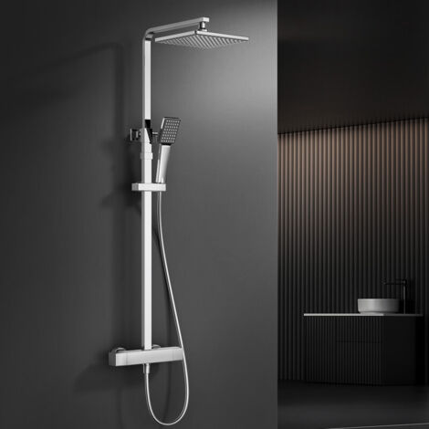 Columna de Ducha Cromada con Mezclador Termostático, Conjunto de Ducha con Rociador y Ducha de Mano, Altura Regulable 855–1105 mm