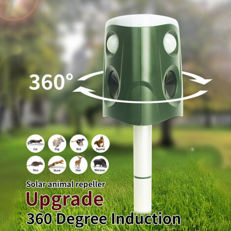 Solarbetriebenes Ultraschall-Vertreibergerät für Maulwürfe, Nagetiere und Vögel, 360°-PIR-Sensor, blinkende LED, Sprachalarm, Solar-/USB-Betrieb, Schutzart IP66, Grün, 36 cm