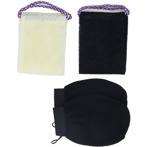 Langer, peelender Nylon-Badeschwamm für Körper und Rücken mit einem Paar schwarzer und beiger Duschhandschuhe, 2-teiliges Set (1/5)