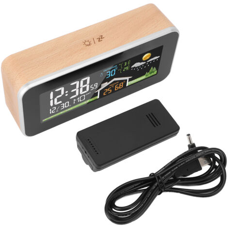 Vernetzte Wetterstation – Digitale Wetteruhr mit Innen-/Außensensor – 12-Stunden-Vorhersage, Farb-LCD-Display, Alarm, Thermo-Hygrometer (Buchenholz, ABS)