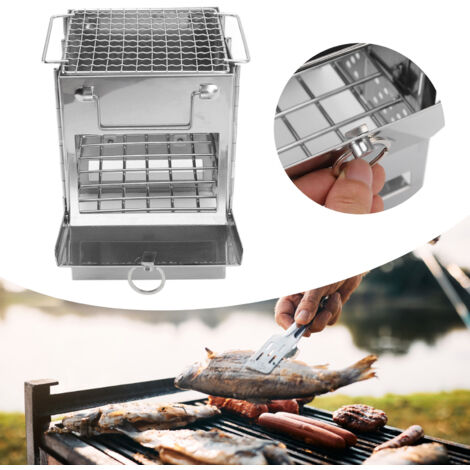 Tragbarer Camping-Holzofen aus Edelstahl 304 mit integriertem Grill für Outdoor-Abenteuer [14x14x21cm/3-teilig mit Aufbewahrungstasche]
