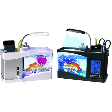 Multifunktionales Mini-USB-Aquarium mit LED-Uhr, LCD-Display, Aufbewahrungsbox für Schlüssel und Pflanzen – Acryl, 24 cm, farbige Beleuchtung