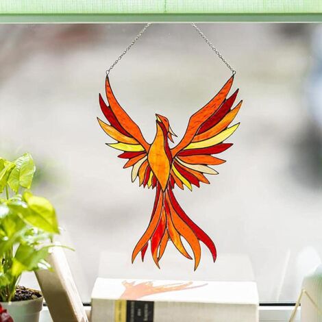 Sonnenfänger aus Buntglas, Fenix, Acryl, 20 x 25 cm, farbenfrohe dekorative Fensterplatte