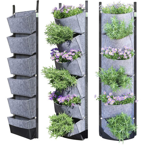 Vertikale, wandmontierte Pflanzsäcke Für die Bepflanzung im Freien Recycelbarer Behälter mit 6 tiefen Fächern Maße: 30 x 107 cm Aus strapazierfähigem und saugfähigem Filz Set für Pflanzen und Blu