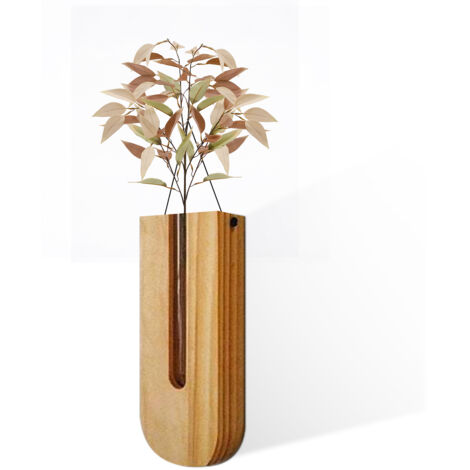 Rustikale Wandvase im Landhausstil, moderner Wandpflanztopf, helles Holz, dunkelbraunes Glas, 22 x 8,5 x 3 cm, für Flur, Wohnzimmer, Büro, Schlafzimmer
