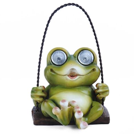 Solarbetriebene Frosch-Gartenfigur auf einer Schaukel – Robustes Kunstharz – Automatische Beleuchtung – Dekoration für drinnen und draußen – Einzigartiges Geschenk