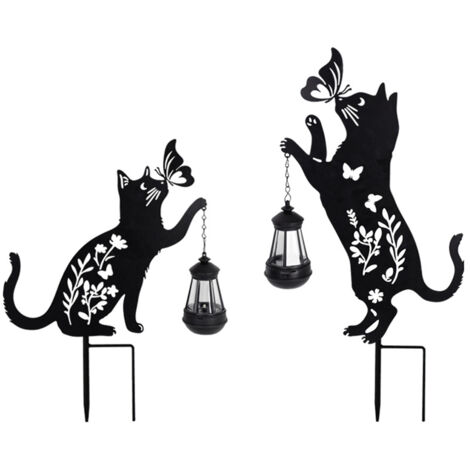 Dekorative Solarlaterne mit metallisch-schwarzer Katzensilhouette für den Garten - 2 Paar