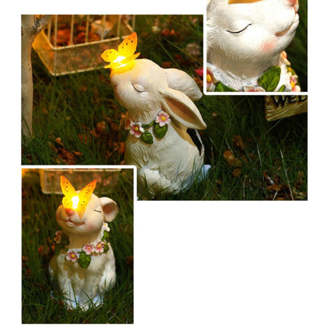 Handgefertigte, solarbetriebene Hasenfigur mit Schmetterlingen, solaraufladbar, Gartenbeleuchtung, weißes Kunstharz (1/5)
