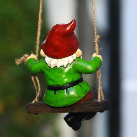 [Gartendekoration] Zwergenfigur auf einer Schaukel, Kunstharz, Maße 21 x 13 x 10 cm, handbemalte Elfenfigur (1/5)