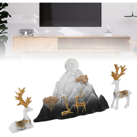 Harzfiguren-Statuen mit Rocky Deer Mountain - Weiß/Schwarzes Dekorationsset für Zuhause, Büro, Wohnzimmer, Fernsehzimmer, Vitrine (2 Hirsche + Felsen + Kristallkugel) (1/5)