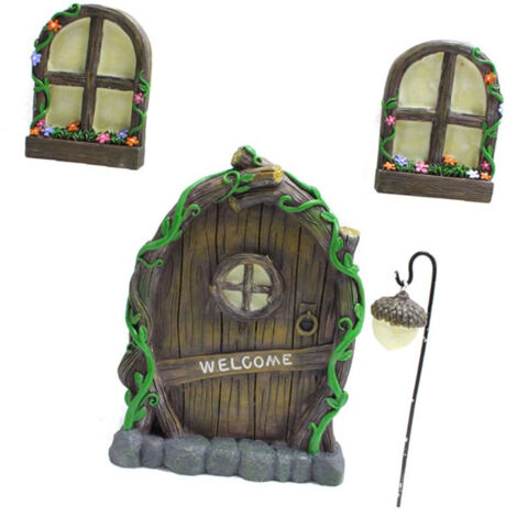Beleuchtete Feentür und Fenster für Miniatur-Baumschmuck, Deko-Set aus Kunstharz für ein Zwergenhaus – zwei phosphoreszierende Fenster, Maße: 15 x 10 x 2 cm (1/5)