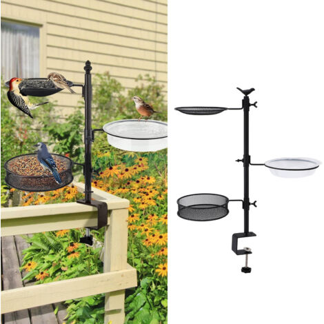 Balkongeländer-Vogelfutterhaus mit 3 herausnehmbaren Futtertrögen und Wasserschale – Rahmen aus Metall und Kunststoff – verstellbar für Geländer von 1,2–7 cm – 11-teilig (1/5)