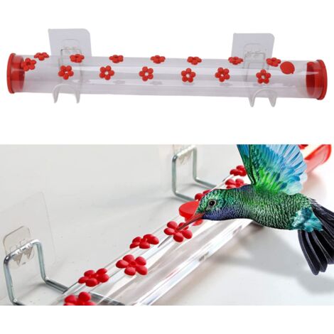 Fenster-Kolibri-Futterstelle – 40 cm langes, transparentes Acrylrohr – 14 Blütenöffnungen zum Trinken und Fressen – Material: Kunststoff, Eisenrahmen (1/5)