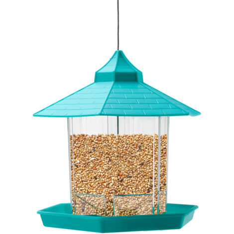 Vogelfutterhaus für die ganze Familie – PP/PS-Vogelfutterhaus, transparentes Modell mit Sichtfenster, Maße 16 x 16 x 17 cm, Fassungsvermögen 500 ml, Grün/Braun-Grau, einfach zu montieren und zu reinig (1/5)
