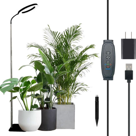Vollspektrum-LED-Pflanzenleuchte mit Timer und Dimmfunktion, 15 cm (6 Zoll) USB-Anschluss, schwarz, Standleuchte mit Halo-Effekt