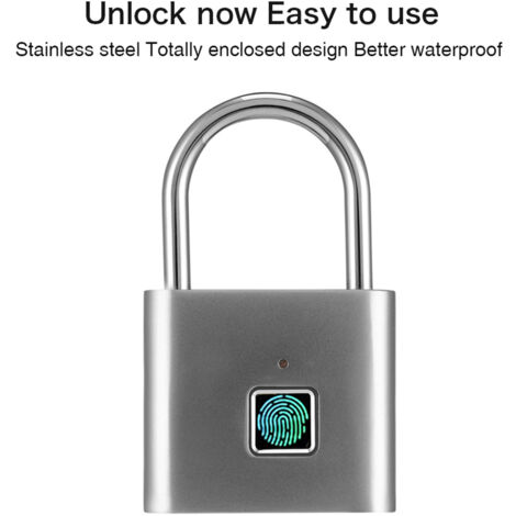 Intelligentes Fingerabdruckschloss für Rucksäcke, Zink-Vorhängeschloss mit 180-mAh-Akku, wiederaufladbarem USB-Anschluss und 10 Fingerabdrücken, Größe 76 x 46 x 13 mm (silber/schwarz).