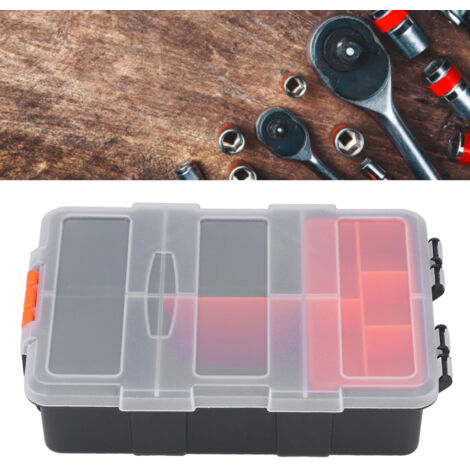 PVC-Aufbewahrungsbox, doppelwandig mit orangefarbenen Trennwänden und transparentem Deckel, für Metallteile und Werkzeuge – Abmessungen: 22,5 x 15,5 x 5,5 cm (1/5)