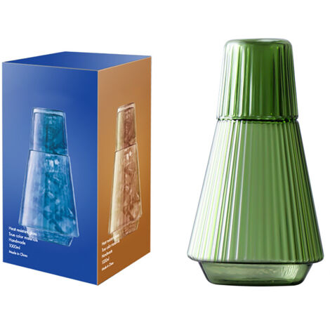 Wasserkaraffe mit Glas, 1000 ml, temperaturbeständiges Glas (-20 bis 150 °C), grün, Karaffe und 150-ml-Glas, 2-teiliges Set, Vintage-Verzierungen, gerippte Gravur, elegantes Geschenk (1/5)