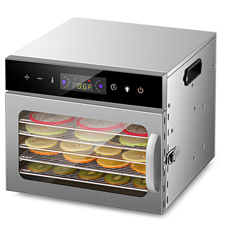 Dörrgerät für Obst und Trockenfleisch mit 6/8/12 Einschüben, 24-Stunden-Timer und Sichtfenster, 400 W, 30–90 °C, Touch-Bedienung, Edelstahl 304 für den privaten und gewerblichen Gebrauch (1/5)