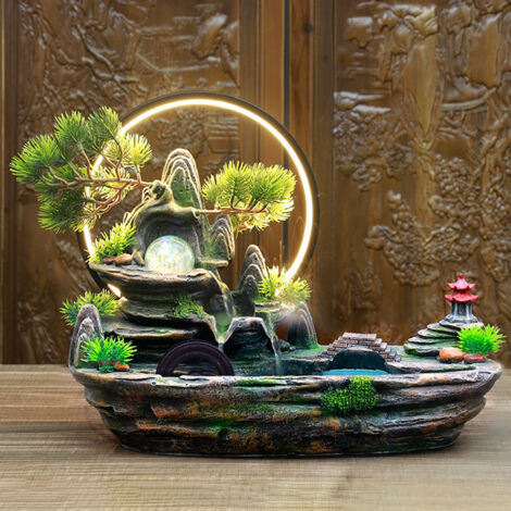 Tischbrunnen mit Bergmotiv und LED-Schleifenbeleuchtung, Kunstharz-Wasserfall für Büro und Zuhause [Brunnen] [Bambus] [Modell R1] [LED-Schleifenbeleuchtung, Kunstharz]