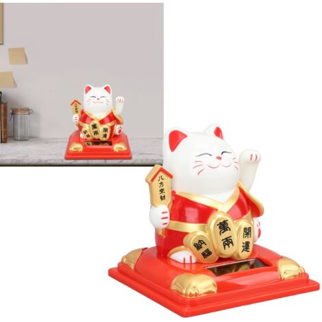 Lebhafte, rote, liebenswerte, automatische Katzenfigur mit beweglichen Armen und Solarantrieb im Feng-Shui-Design für Armaturenbrett und Fensterdekoration – 8 cm (1/5)