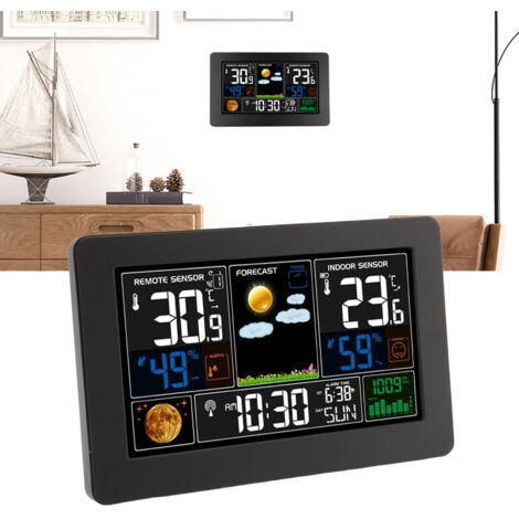 Große Wetteruhr mit Farbdisplay, multifunktionale Innen-/Außenuhr mit Anzeige von Temperatur, Luftfeuchtigkeit und Luftdruck. USB-Anschluss, US 100–240 V, ABS-Gehäuse, 20,5 x 13 x 3 cm (1/5)