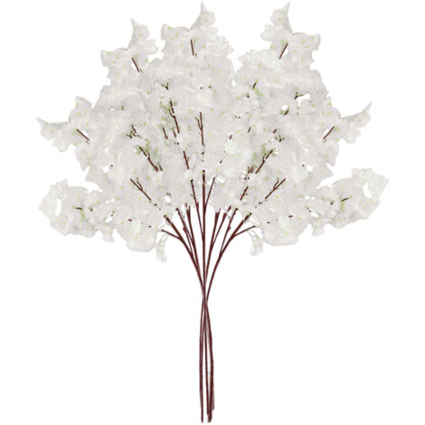 Künstlicher Blumenzweig, 5 Stiele, weiße Kirschblüten, verziert mit 3 oder 4 Gabeln, für Tischdekoration oder Blumenarrangements (1/5)