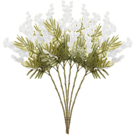 Künstlicher Blumenstrauß, kurzer weißer Akazienzweig, 6 Stück, für schlichte Tischdekoration im europäischen Stil, Wohnzimmer oder Café. (1/5)