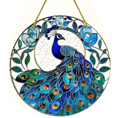 Dekorative Acryl-Fensterdekoration „Pfau“ (20 x 20 cm) mit beidseitigem Druck (YK6010).