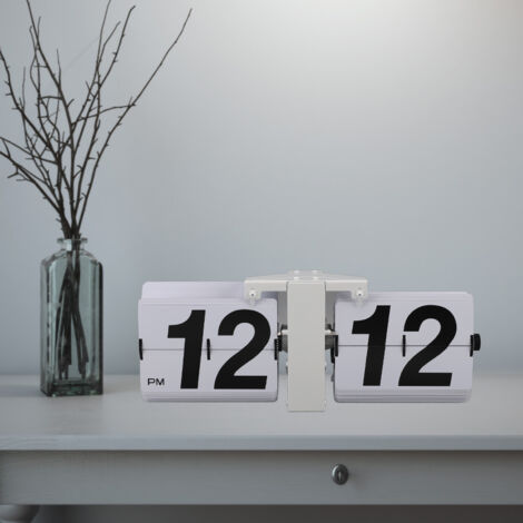 Automatischer Retro-Klappwecker, batteriebetrieben - Edelstahl 304, weißes PVC, luxuriöses minimalistisches Design, 36 cm Länge, 12-Stunden-Anzeige, für Tisch- und Wandmontage, 12-Stunden-Modell in We (1/5)