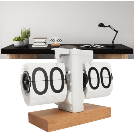 Automatische Vintage-Klappuhr – Minimalistisches Digitalzifferblatt aus Buchenholz und PVC – Mattweißes 24-Stunden-Modell – 14 cm x 20,5 cm mit rutschfestem Boden, ideal für Büro, Wohnzimmer oder als (1/5)