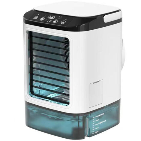 Tragbarer Tischventilator mit Sprühfunktion, Verdunstungsventilator mit Kühlakku, 3 Geschwindigkeitsstufen, 2 Sprühnebelstufen, USB-Anschluss, Luftbefeuchter und 7-farbiger LED-Stimmungsbeleuchtung