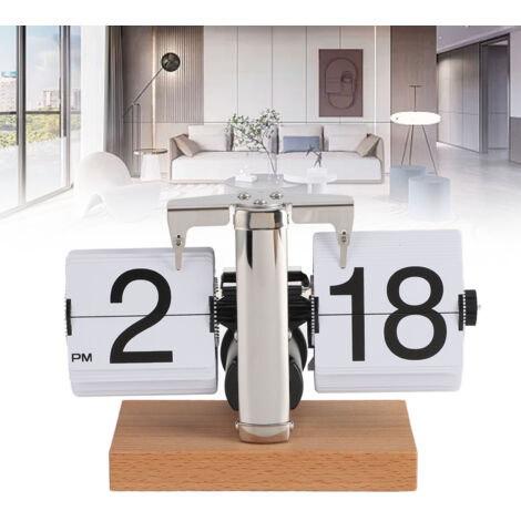 Vintage Retro Klapp-Tischuhr – Große Ziffern, Weiß, Edelstahl 304, PVC-Buchenholz, 12 cm hoch, 686 g – für Wohnzimmer/Büro (1/5)