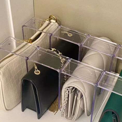 Transparente Aufbewahrungsbox für Taschen und Handtaschen, aus strapazierfähigem PC-Material, mit stabiler und stapelbarer Struktur, für Taschenorganizer, 4 Fächer, 520 g. (1/5)