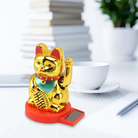 Japanische Maneki-neko-Katzenfigur mit schwenkbaren Armen, solarbetrieben, Kunststoff, 7,4 cm, goldfarben, Dekoration für Büro und Zuhause, Glücksbringer für Reichtum und Geld (1/5)