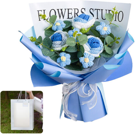 [玫瑰图案编织品] Craft Bouquet 手工编织玫瑰花束（渐变蓝色玫瑰3朵+雏菊5朵+礼品袋） (1/5)
