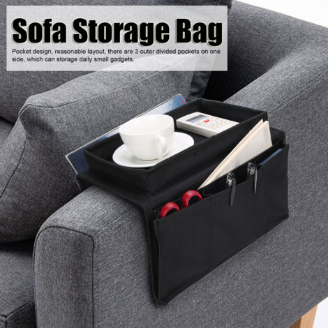 Sofa-Organizer mit 4 Fächern, Fernbedienungshalter und Becherablage – Schwarzes Oxford-Gewebe, 30 x 18 x 18 cm, für TV-Fernbedienungen